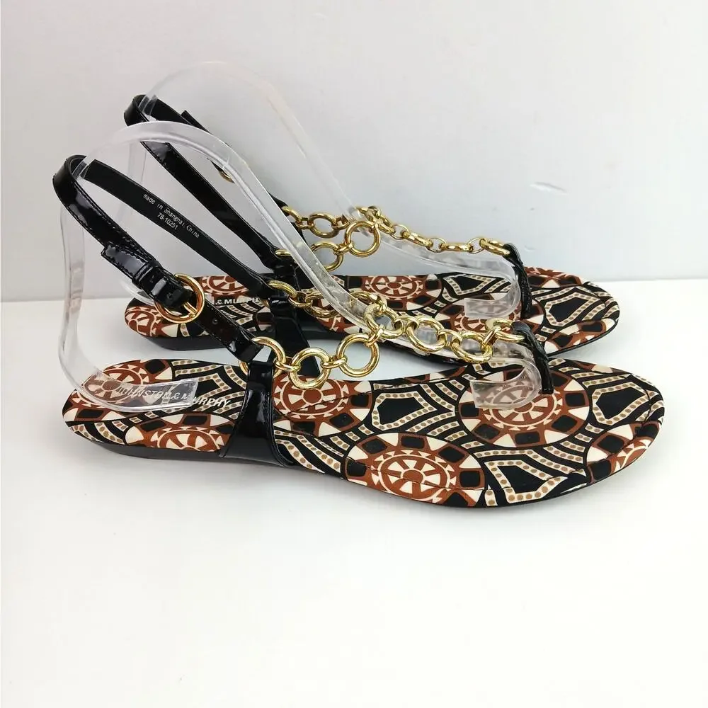 Johnston & Murphy SZ 10M Black Patent Leather & Gold Chain Link Thong Sandals